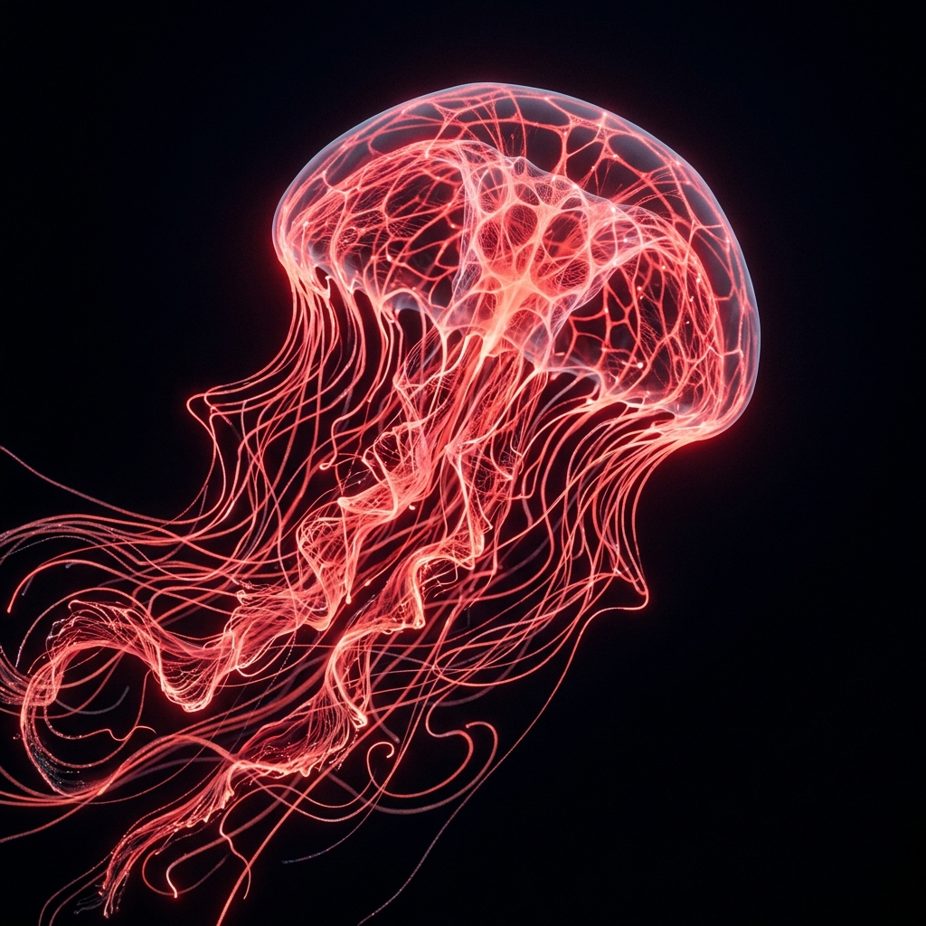 Glowing red filaments jellyfish background